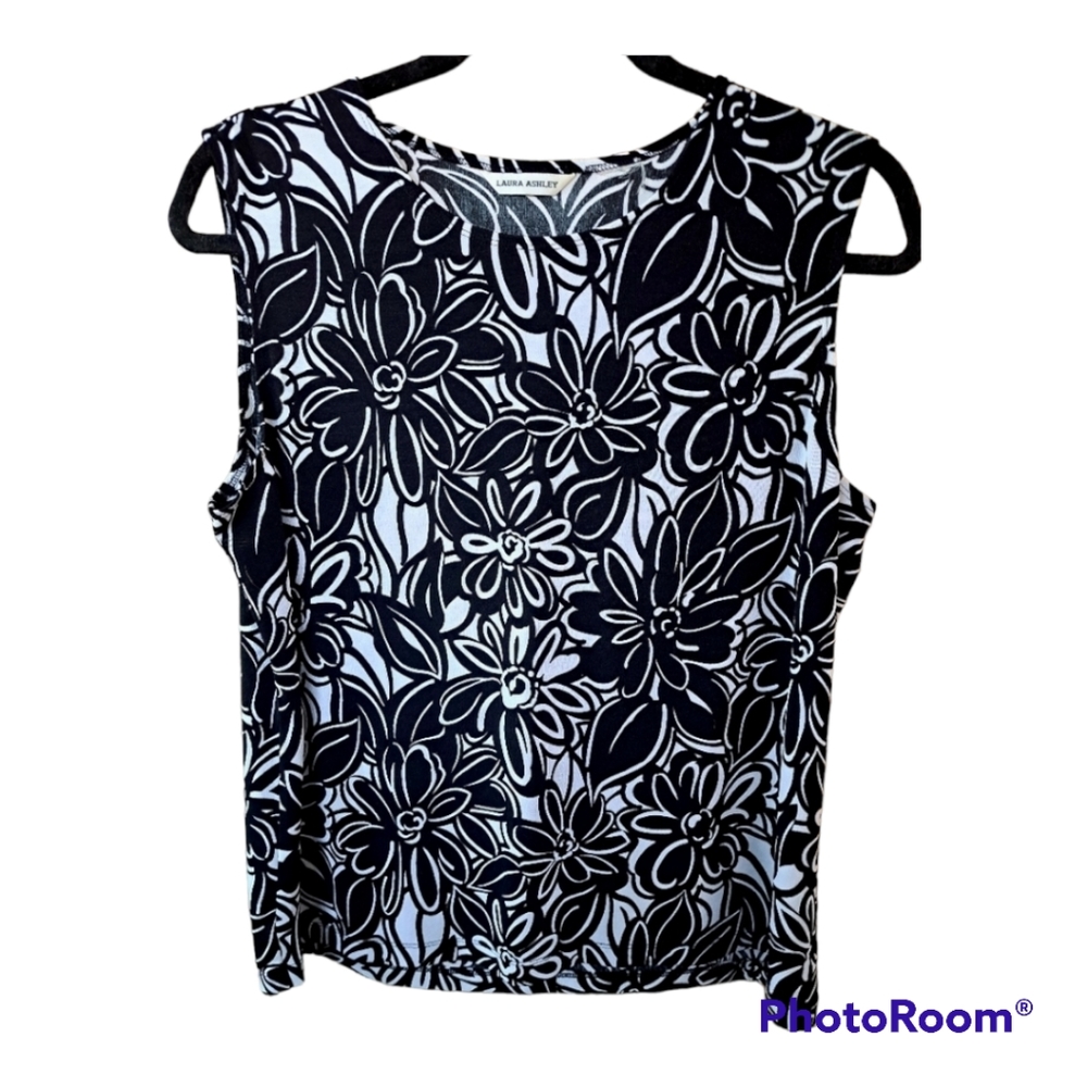 Laura Ashley Black & White Floral Print Sleeveless Shell Blouse Sz L